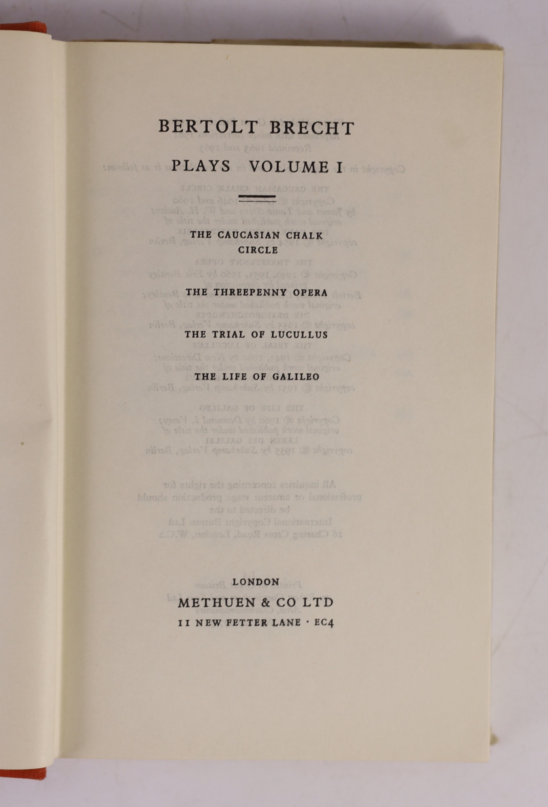 Brecht, Bertolt - Plays, vol. 1, 8vo, cloth with unclipped d/j, Glasgow, 1965 and Eliot, T.S - Murder in the Cathedral, 4th edition, 8vo, cloth with unclipped d/j, Faber and Faber, London, 1950 (2)